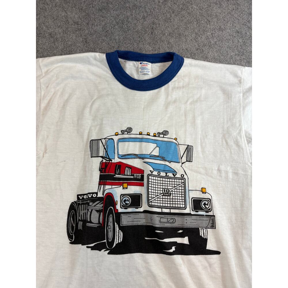 Vintage 80s Champion Volvo Truck Ringer Shirt Mens Large White Single Stitch USA